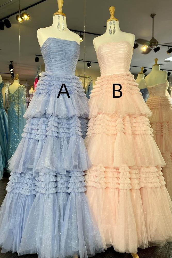 Tiered Strapless A-Line Tulle Party Formal Dresses