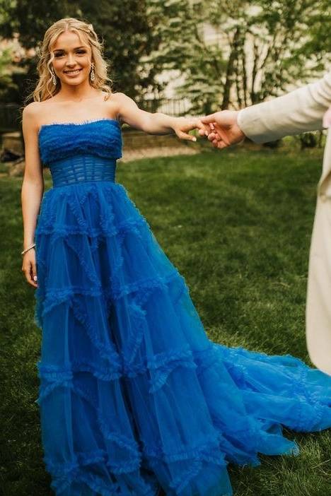 Blue Strapless Long A-Line Tulle Formal Prom Dresses