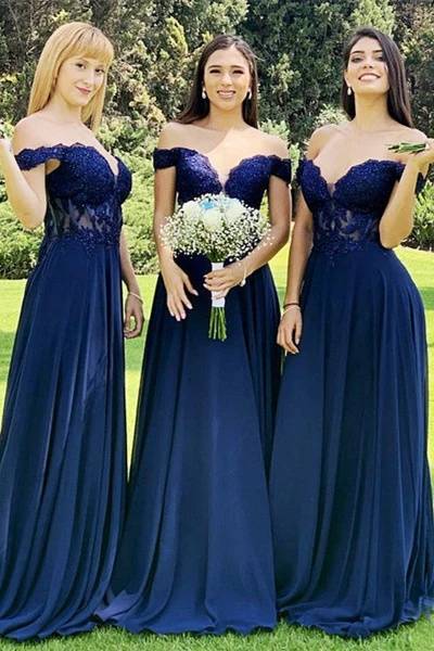 Dark Navy Beaded Off-The-Shoulder Long A-Line Chifffon Bridesmaid Dresses