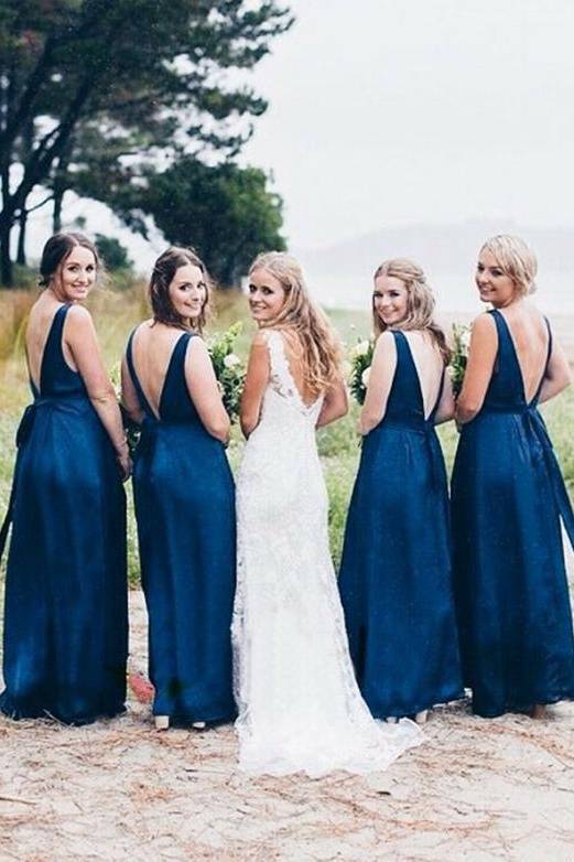 Floor-Length V-Neck A-Line Bridesmaid Dresses with Open Back