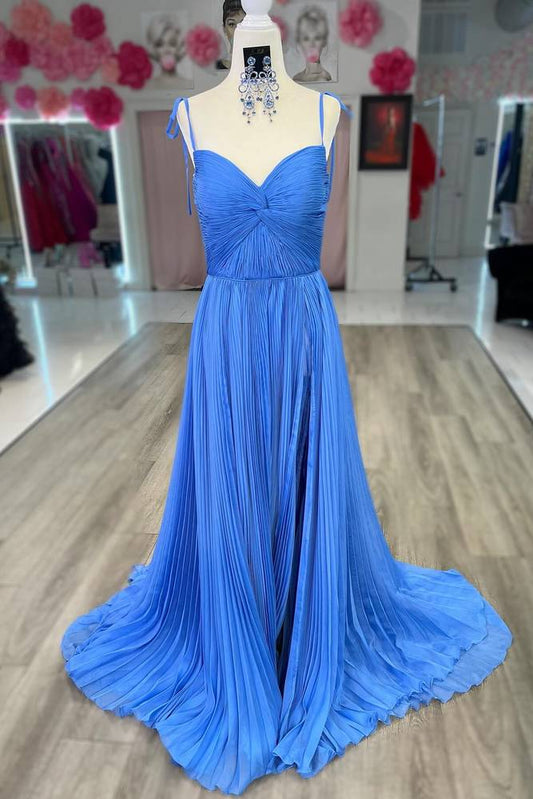 Blue V-Neck A-Line Pleated Tulle Formal Prom Dresses with Slit