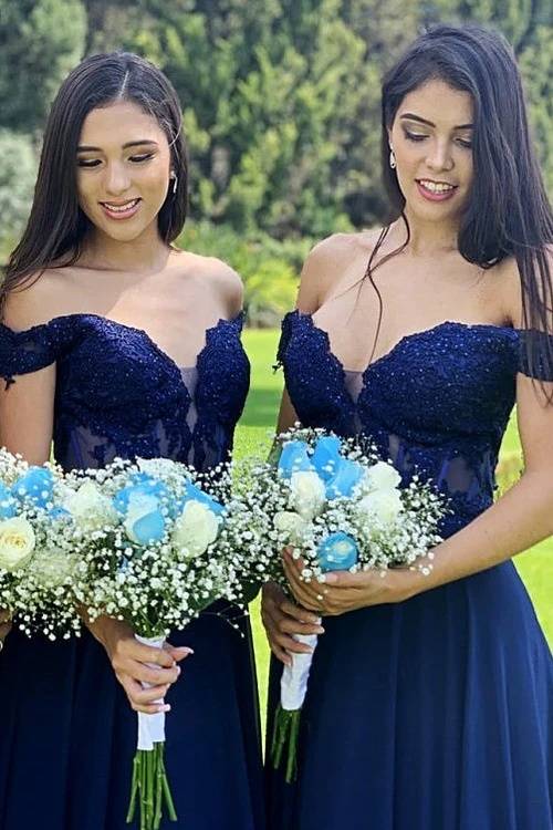 Dark Navy Beaded Off-The-Shoulder Long A-Line Chifffon Bridesmaid Dresses