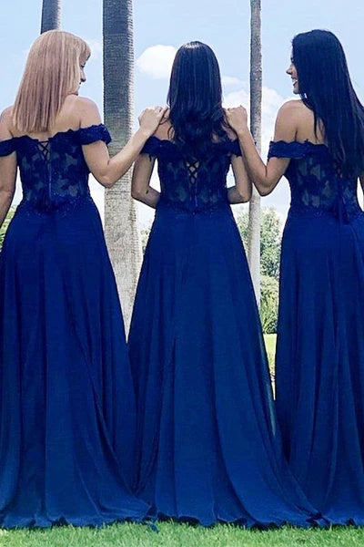 Dark Navy Beaded Off-The-Shoulder Long A-Line Chifffon Bridesmaid Dresses