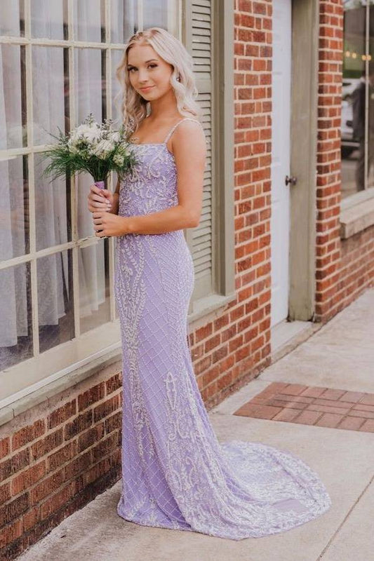 Purple Sleeveless Mermaid Lace Formal Evening Dresses with Spaghetti Straps