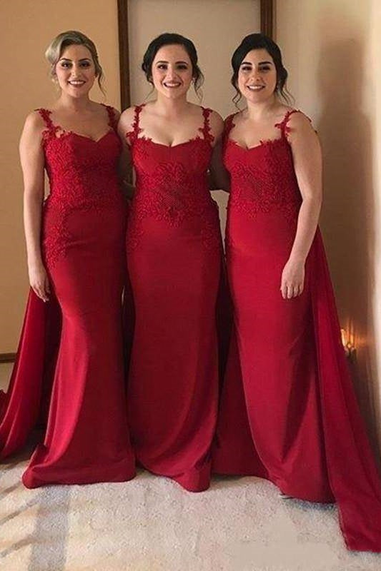 Red Mermaid Satin Sleeveless Bridesmaid Dresses with Train