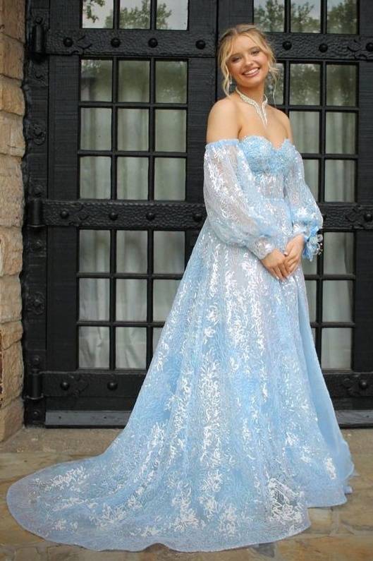 Sky Blue Sequined Strapless A-Line Split Front Prom Dresses with Sleeves