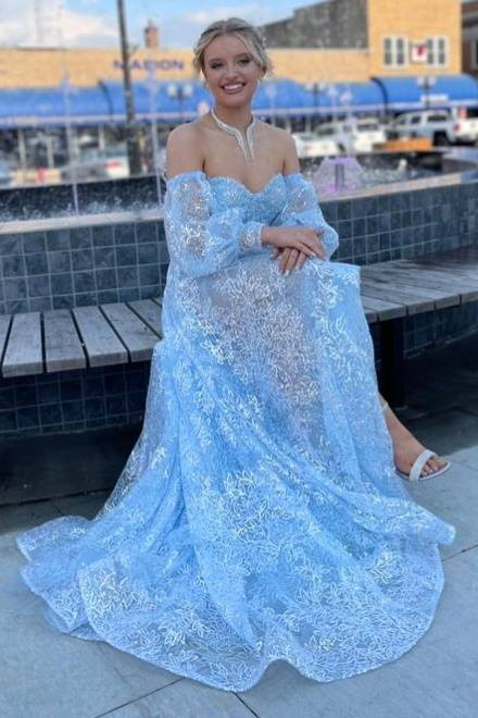 Sky Blue Sequined Strapless A-Line Split Front Prom Dresses with Sleeves