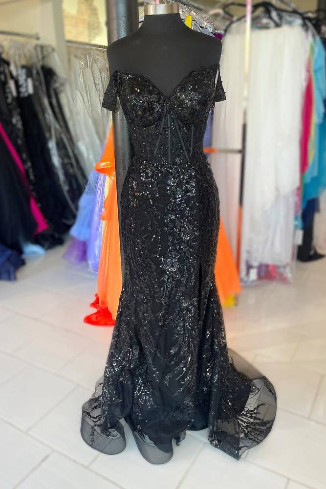 Black Sequined Off-The-Shoulder Mermaid Formal Prom Dresses with Slit