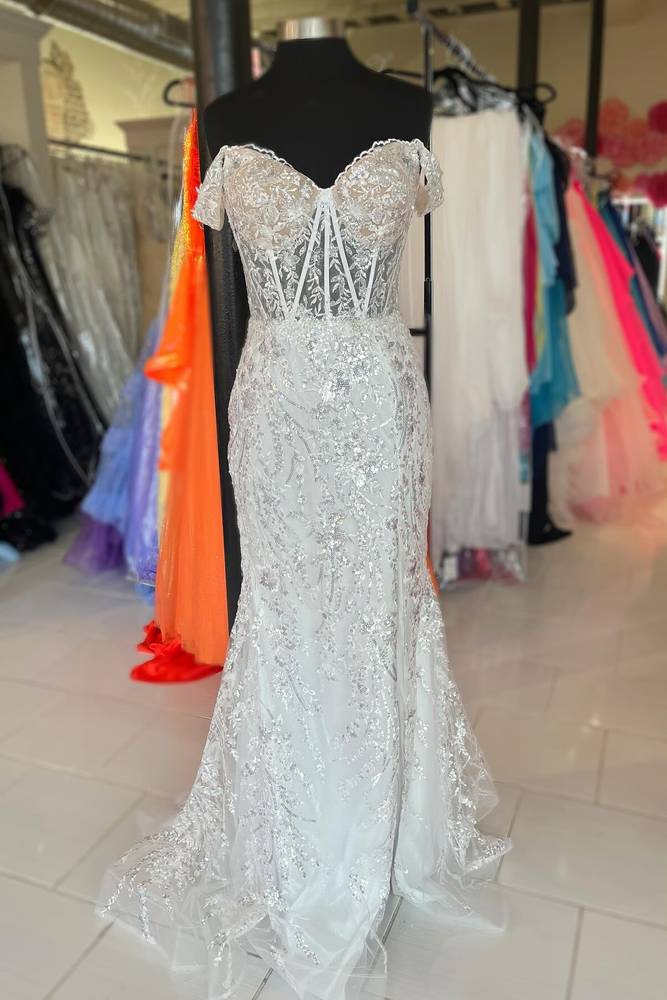 White Sequined Off-The-Shoulder Mermaid Formal Prom Dresses with Slit