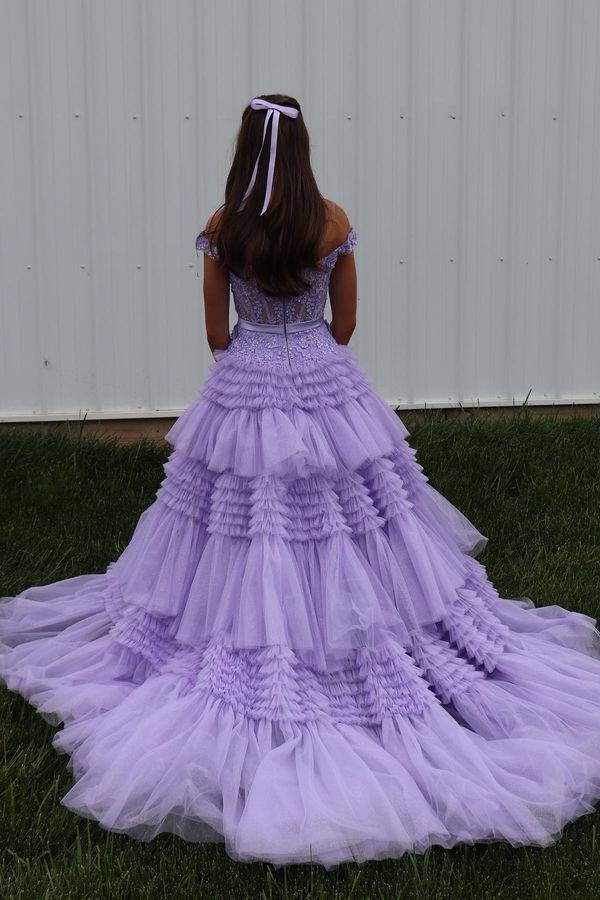 Tiered Lavender Off-The-Shoulder A-Line Tulle Party Formal Dresses