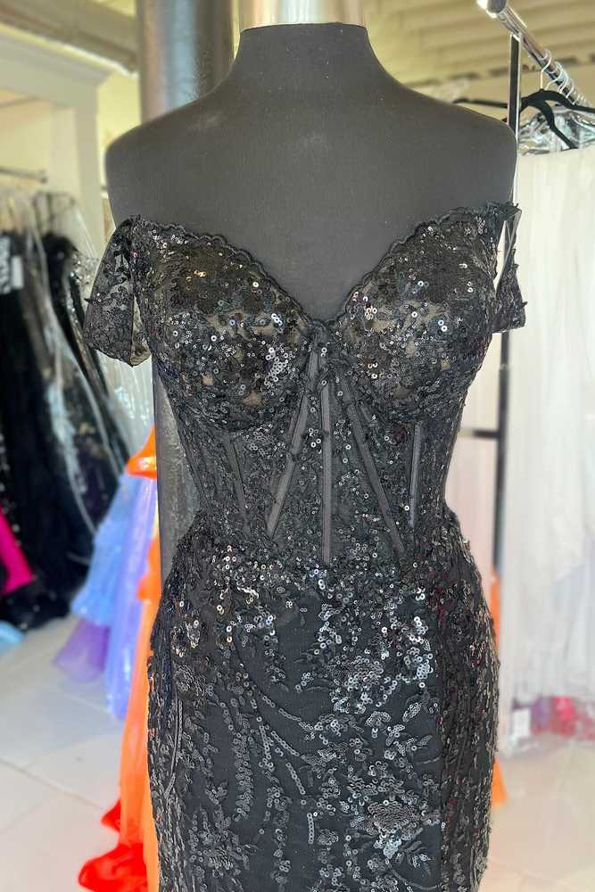 Black Sequined Off-The-Shoulder Mermaid Formal Prom Dresses with Slit