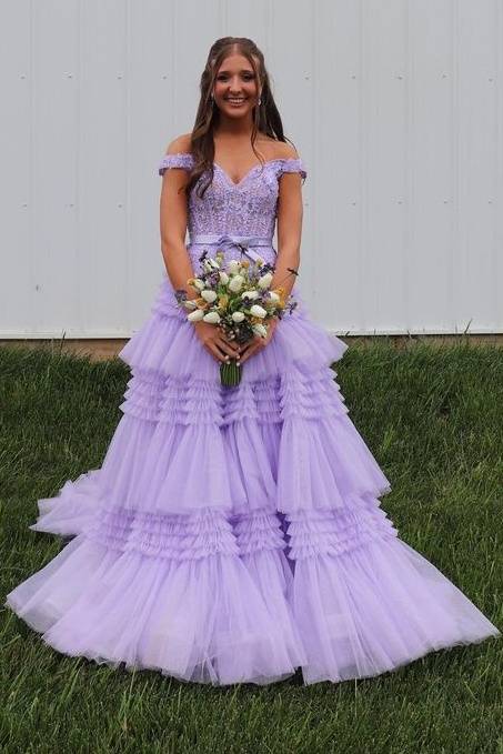 Tiered Lavender Off-The-Shoulder A-Line Tulle Party Formal Dresses