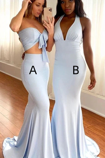 Sky Blue Long Mermaid Sleeveless Satin Bridesmaid Dresses