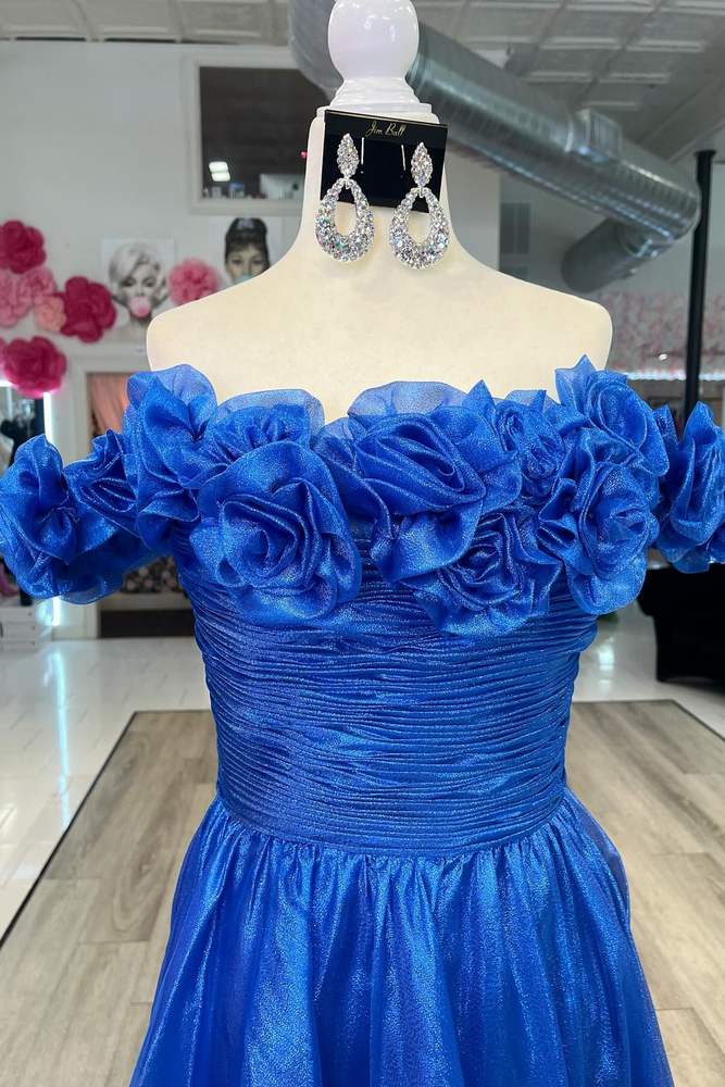 Royal Blue Off-The-Shoulder A-Line Tulle Prom Party Dresses with Handmade Flowers