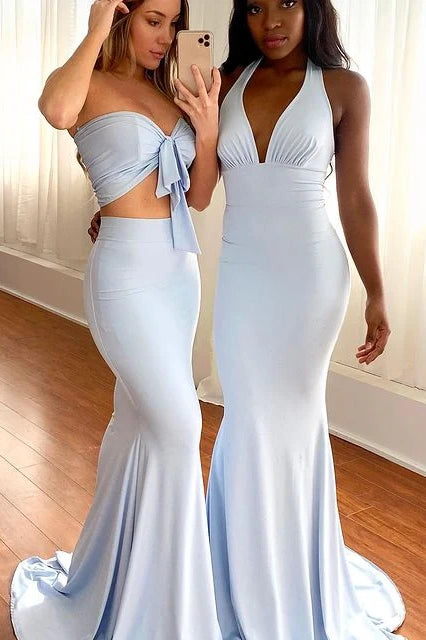 Sky Blue Long Mermaid Sleeveless Satin Bridesmaid Dresses