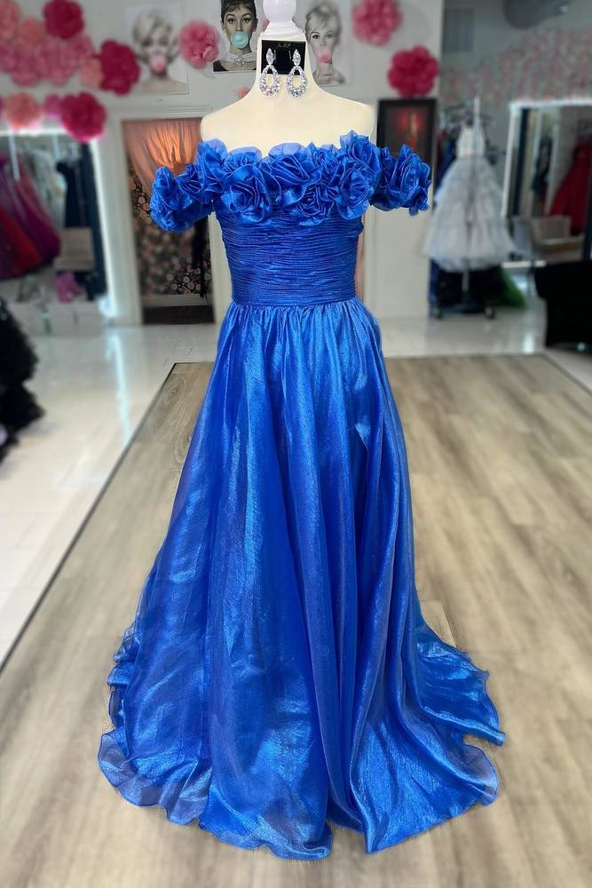 Royal Blue Off-The-Shoulder A-Line Tulle Prom Party Dresses with Handmade Flowers