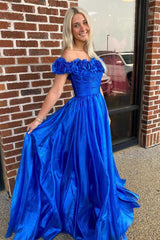 Royal Blue Off-The-Shoulder A-Line Tulle Prom Party Dresses with Handmade Flowers