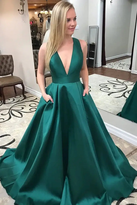 Dark Green Deep V-Neck A-Line Satin Evening Dresses with Pockets