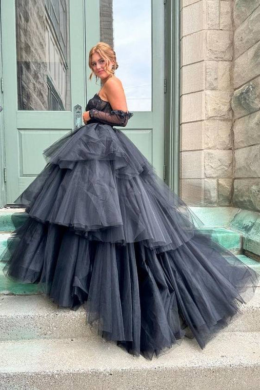 Black Strapless Long A-Line Tulle Prom Party Dresses