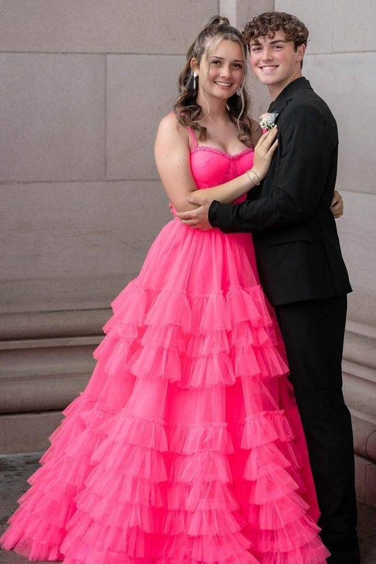 Fuchsia Tiered Sleeveless A-Line Tulle Prom Dresses