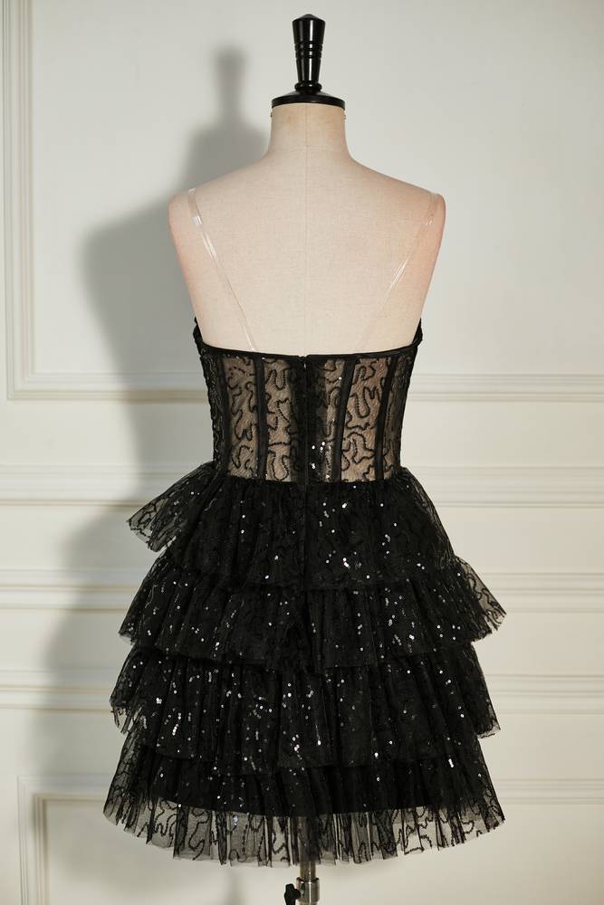 Black Tiered Strapless Sequined Tulle Homecoming Dresses