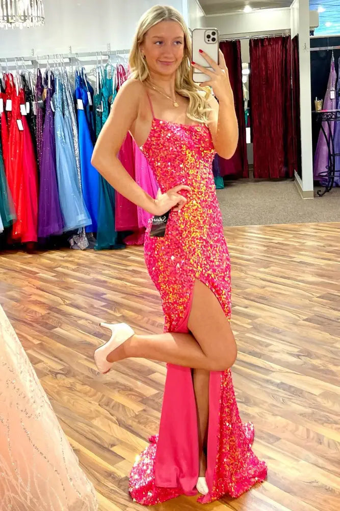 Spaghetti Straps Mermaid Sequin Prom Dresses with Slit