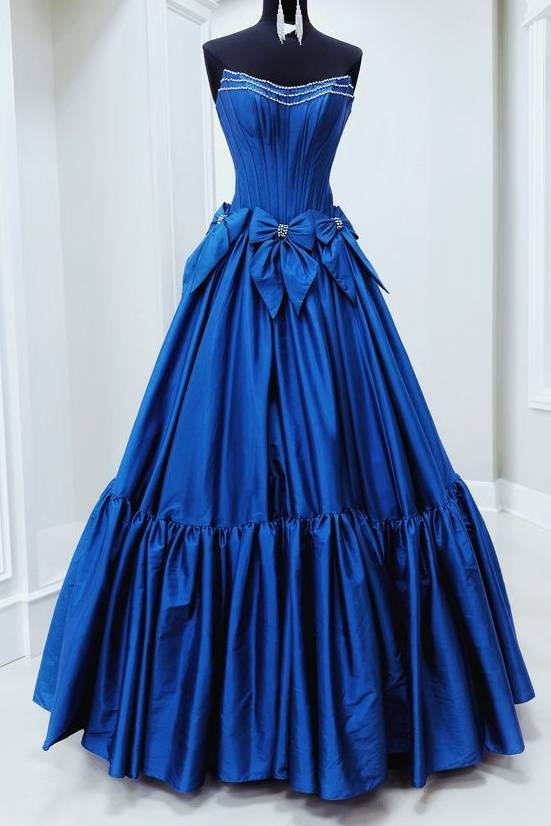 Royal Blue Strapless A-Line Satin Prom Dresses with Bow