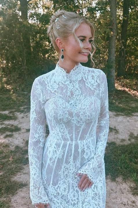 High Neck Long Sleeveles Lace Short Prom Homecoming Dresses