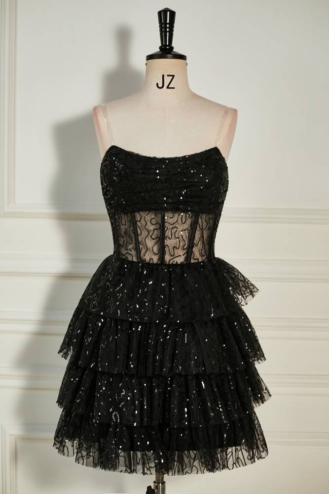 Black Tiered Strapless Sequined Tulle Homecoming Dresses