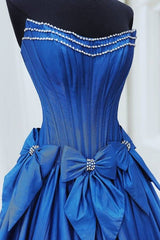 Royal Blue Strapless A-Line Satin Prom Dresses with Bow