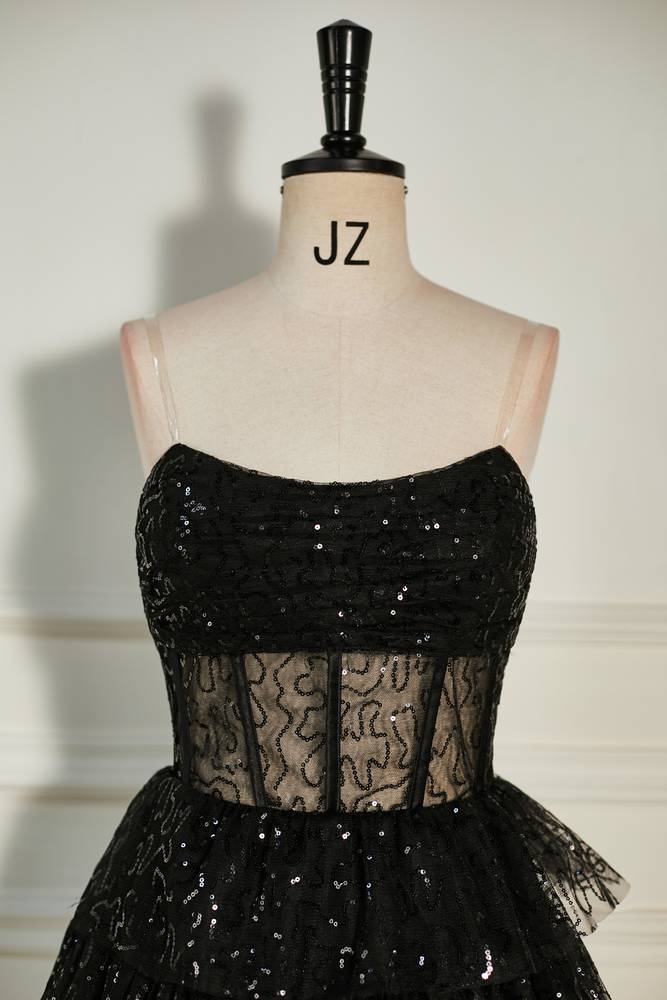 Black Tiered Strapless Sequined Tulle Homecoming Dresses