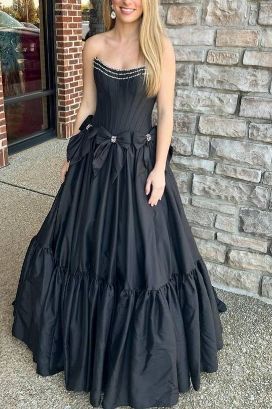 Black Strapless A-Line Satin Prom Dresses with Bow