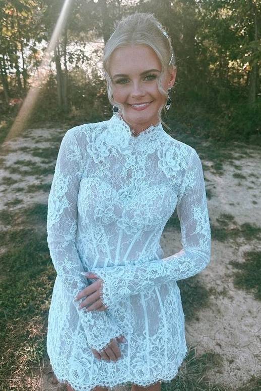 High Neck Long Sleeveles Lace Short Prom Homecoming Dresses