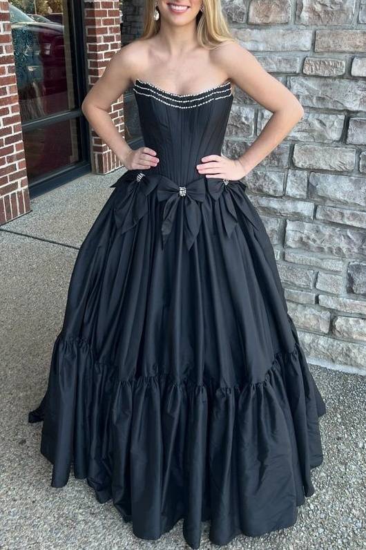 Black Strapless A-Line Satin Prom Dresses with Bow