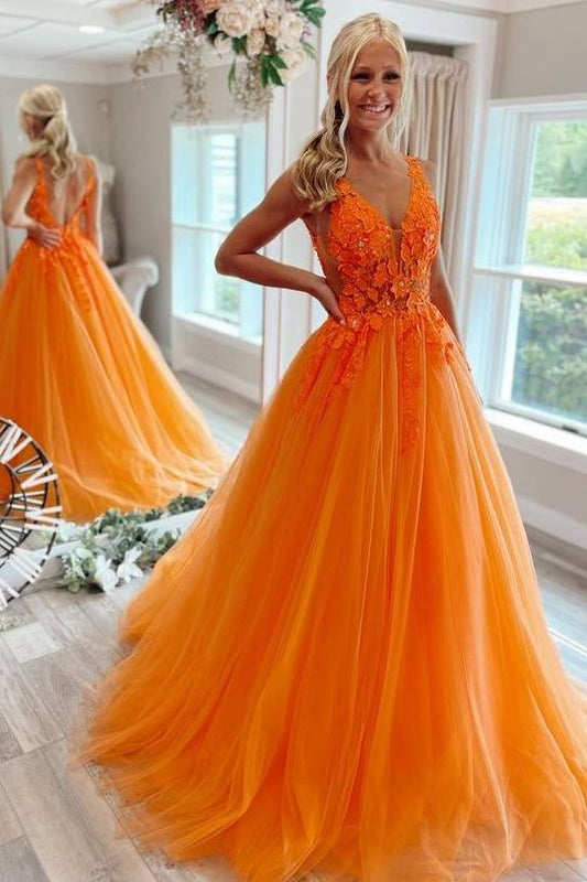 Orange V-Neck Long A-Line Tulle Party Prom Dresses with Open Back