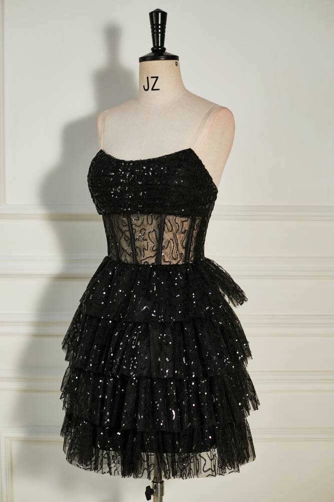 Black Tiered Strapless Sequined Tulle Homecoming Dresses