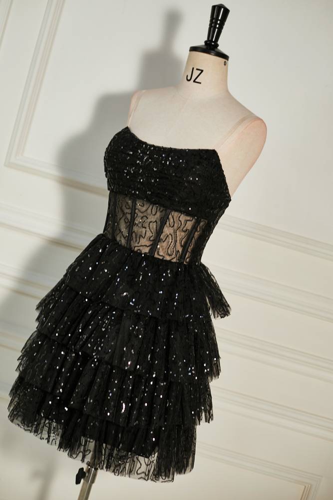 Black Tiered Strapless Sequined Tulle Homecoming Dresses