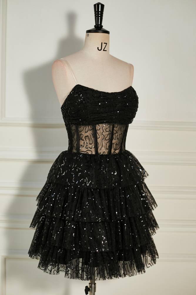 Black Tiered Strapless Sequined Tulle Homecoming Dresses