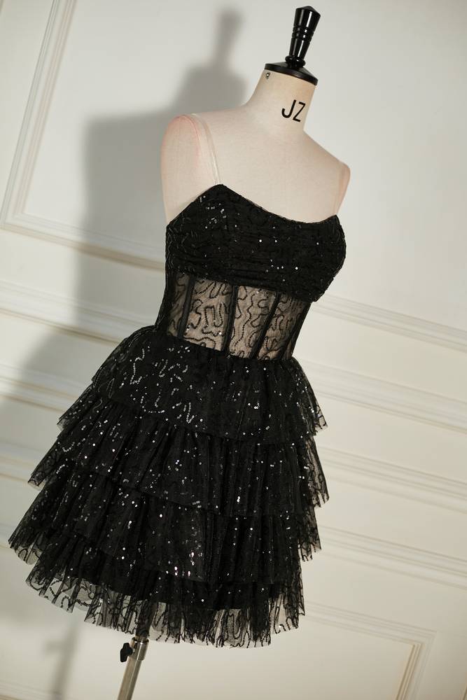 Black Tiered Strapless Sequined Tulle Homecoming Dresses