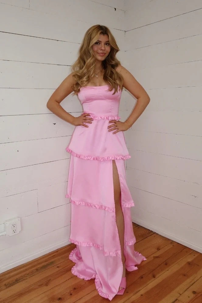 Pink Square Neck Sleeveless Long Split Front Prom Dresses with Ruffles