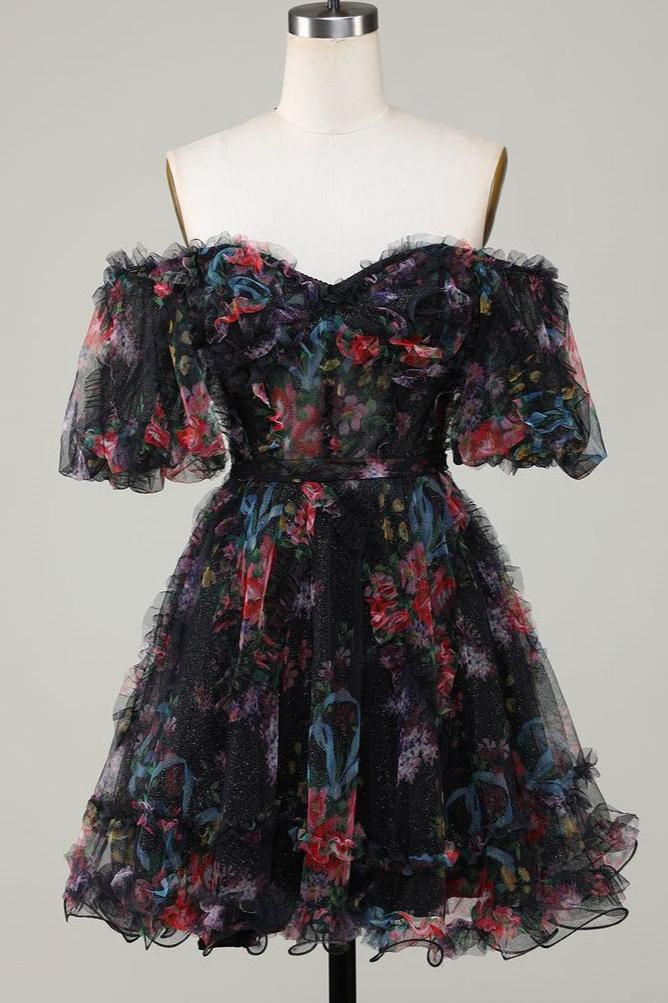 Black Short Sleeves A-Line Floral Tulle Homecoming Dresses