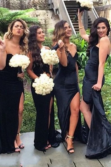 Black Strapless Mermaid Velvet Bridesmaid Dresses with Slit