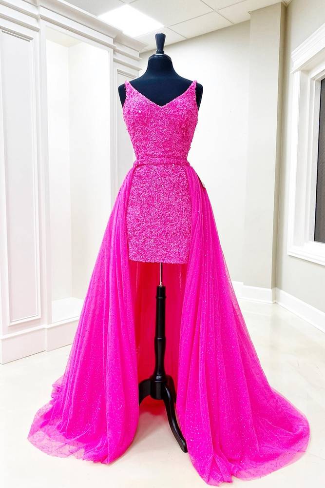 Fuchsia V-Neck Short Mermaid Sequin Prom Dresses with Train