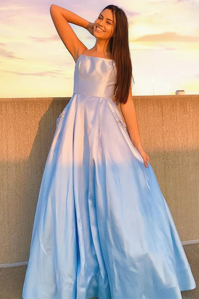 Blue Spaghetti Straps A-Line Satin Formal Prom Dresses with Pockets