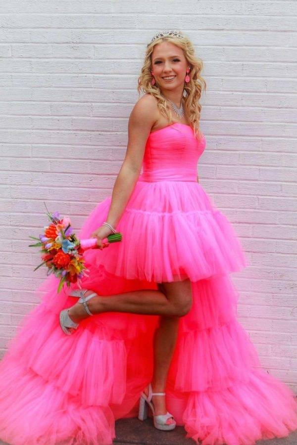 Hi-Lo Strapless A-Line Tulle Prom Formal Dresses