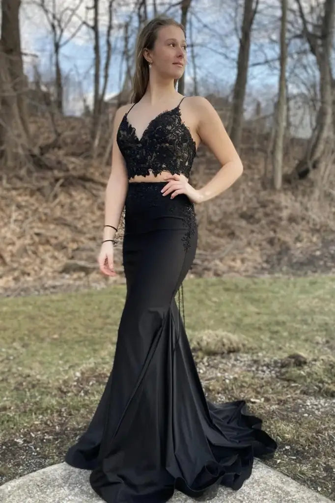 Black Two-Piece Mermaid Lace Satin Prom Dresses