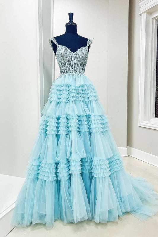 Blue V-Neck Sleeveless Tiered A-Line Tulle Prom Dresses with Appliques