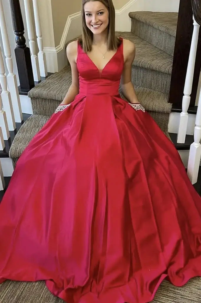 Red Sleeveless A-Line Satin Formal Dresses with Pockets