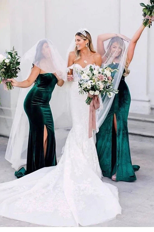 Strapless Mermaid Velvet Split Front Long Bridesmaid Dresses