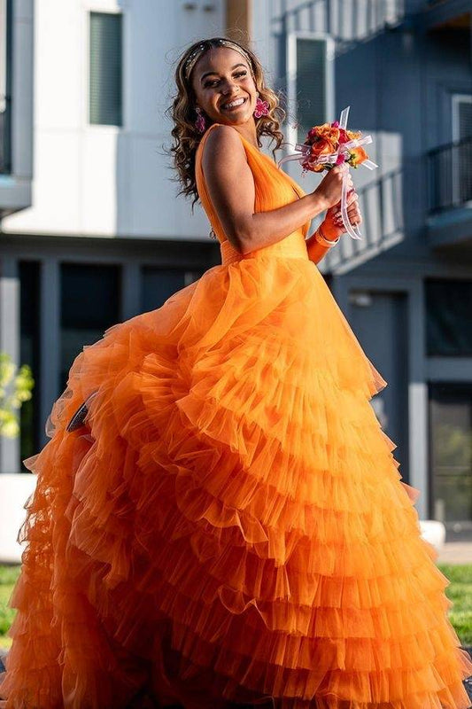 Orange Tiered V-Neck A-Line Tulle Party Dresses